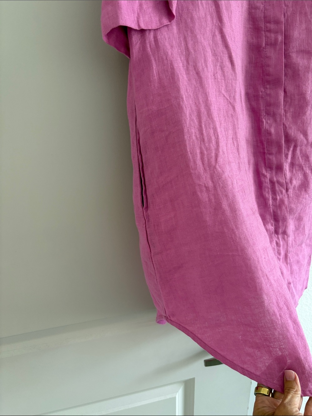 Pink Ruffle Sleeve Button-Down Linen Dress - Picture 4 of 5